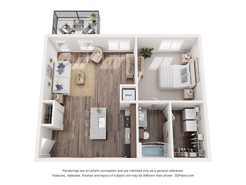 Floor plan for 1 bed, 1 bath, 719 sqft